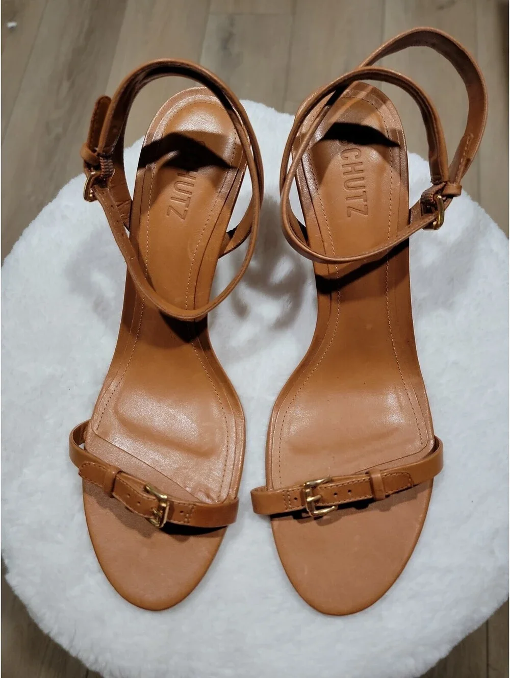 Schutz Womens Aurora Brown Leather Mid Heel Sandal Sz 10.5 B NEW $138